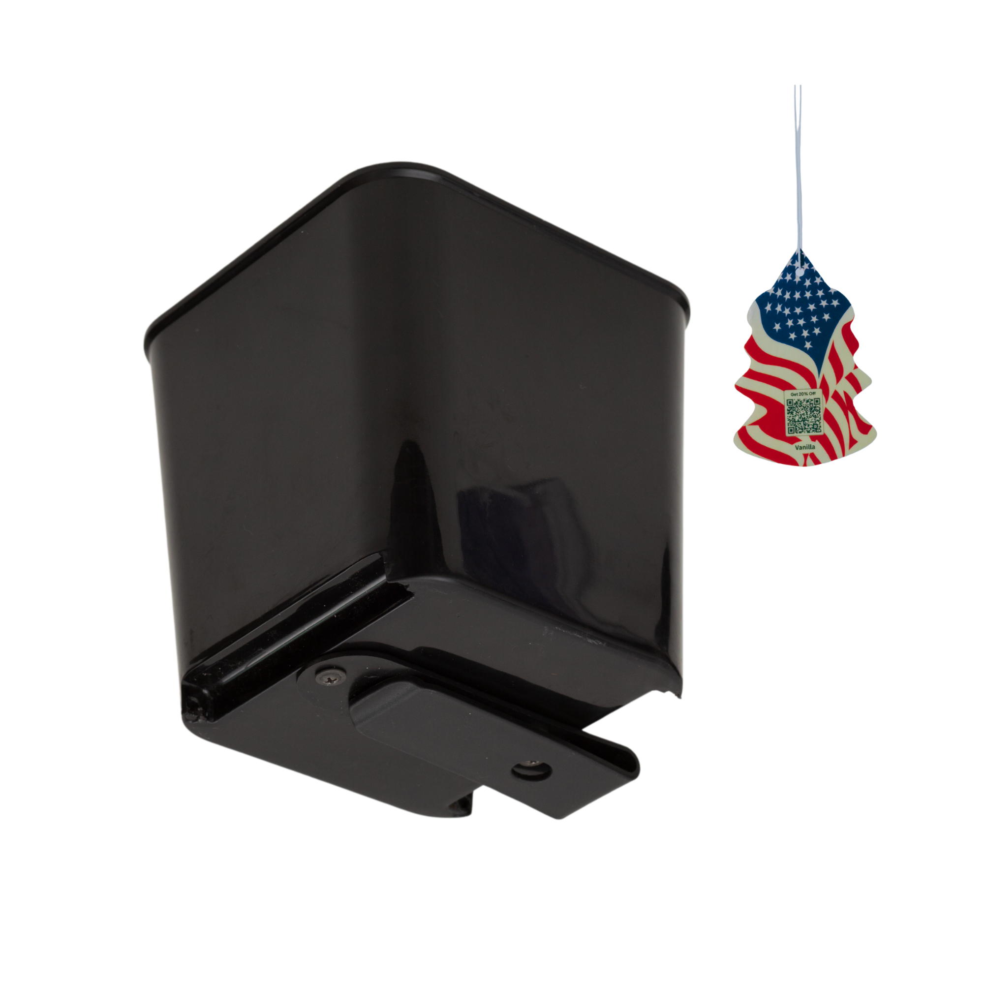 Black car trash can with clip on a white background.