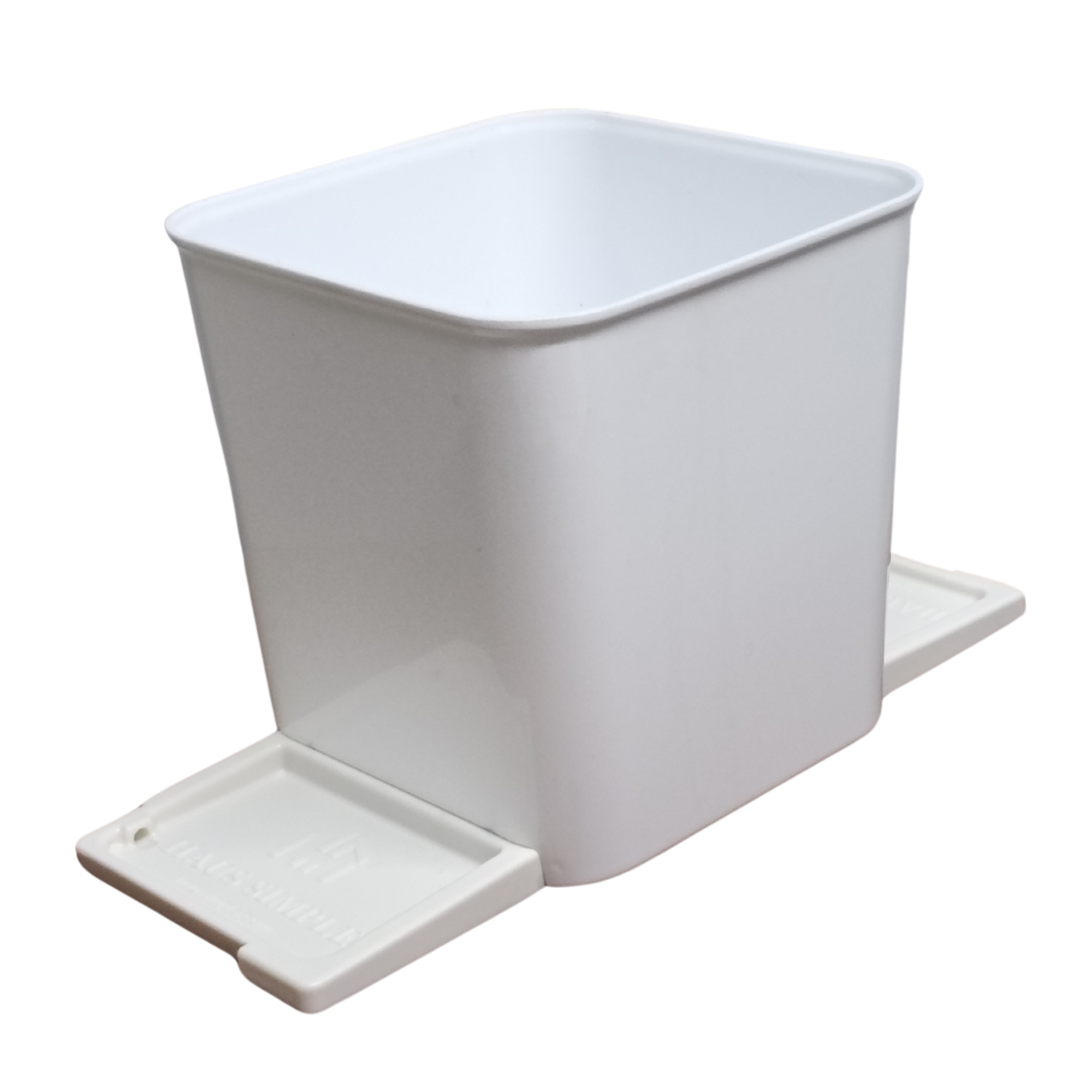 Medium white car trash can with stability flap on a white background.