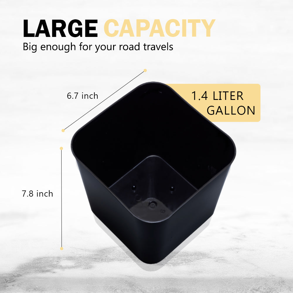 Haussimple black car trash can with clip product size chart showing 1.4-gallon capacity with dimensions 6.7 x 7.8 inches — big enough for road travels.