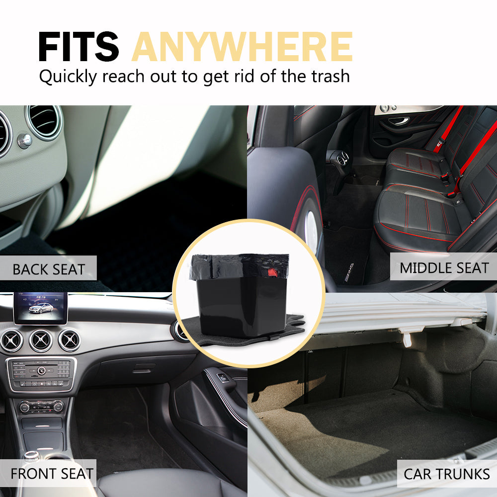 Haussimple large black car trash can with built-in clip, shown fitting in front seat, back seat, middle seat, and car trunk — portable auto garbage bin for cars, trucks, SUVs, and vans.