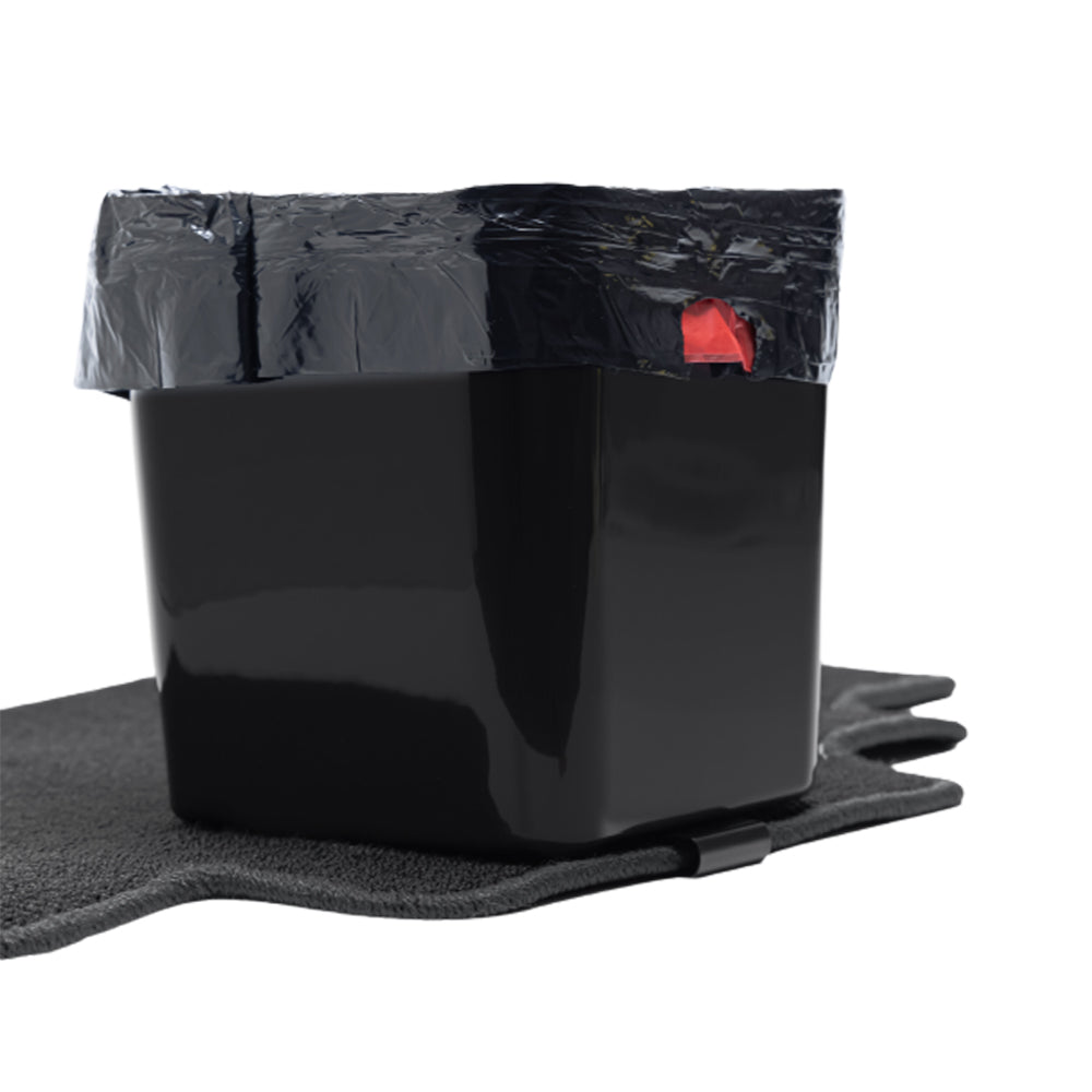 Haussimple large black car trash can with built-in floor mat clip and leakproof liner, durable plastic auto garbage bin designed for cars, trucks, SUVs, and vans.