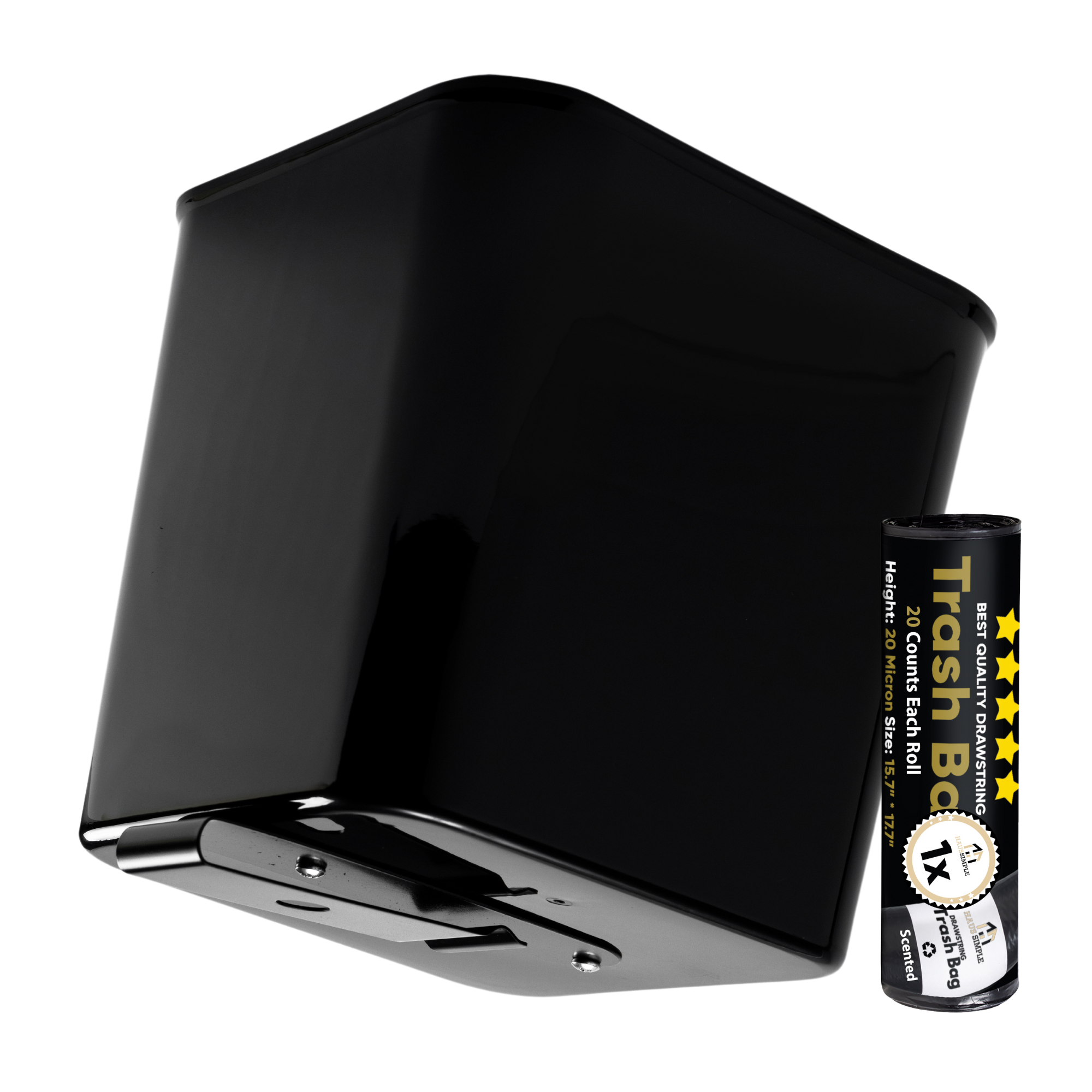 Large rectangular black car trash can showing its built-in clip for secure placement and its included roll of trash bags.