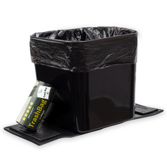 Large black car trash can with stability flap, shown with a trash bag inside and an included roll of trash bags.