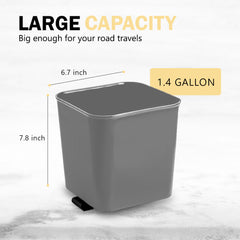 Haussimple gray car trash can with clip product size chart showing 1.4-gallon capacity with dimensions 6.7 x 7.8 inches — big enough for road travels.
