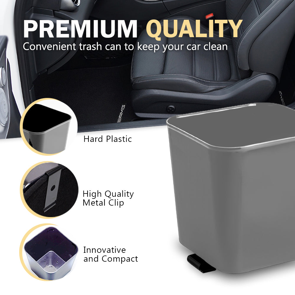 Premium quality haussimple gray car trash bin made from hard plastic with high quality metal clip and innovative and compact design for secure and stable fit in vehicle.