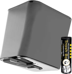 Large rectangular gray car trash can showing its built-in clip for secure placement and its included roll of trash bags.