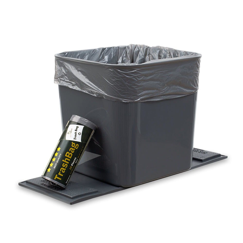 Large gray car trash can with stability flap, shown with a trash bag inside and an included roll of trash bags.