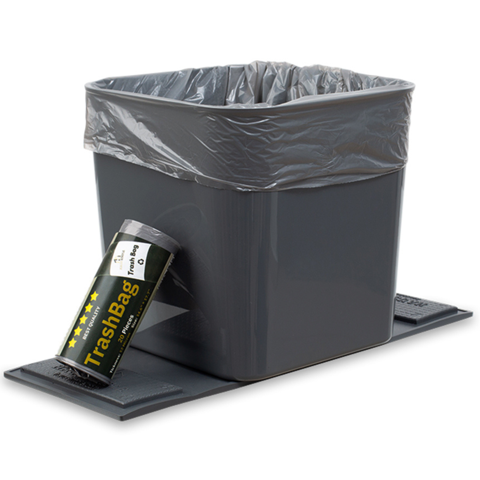 Large gray car trash can with stability flap, shown with a trash bag inside and an included roll of trash bags.