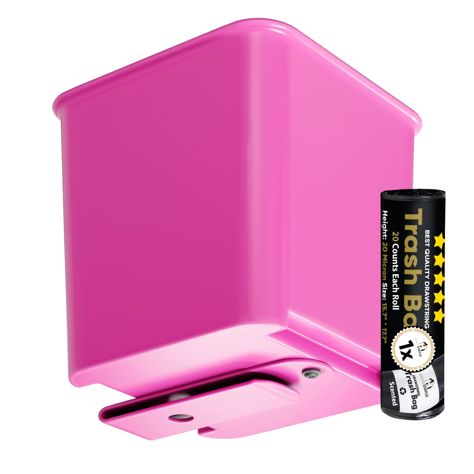 Large rectangular pink car trash can showing its built-in clip for secure placement and its included roll of trash bags.