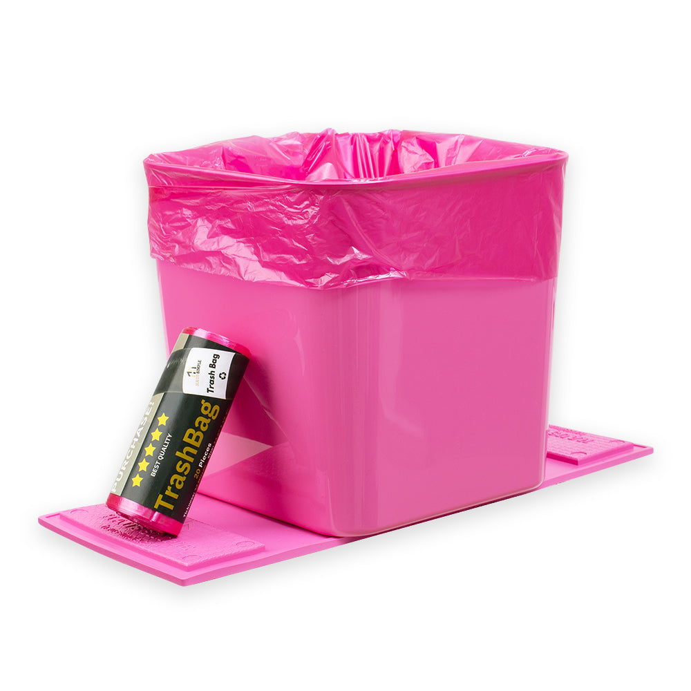 Pink black car trash can with stability flap, shown with a trash bag inside and an included roll of trash bags.