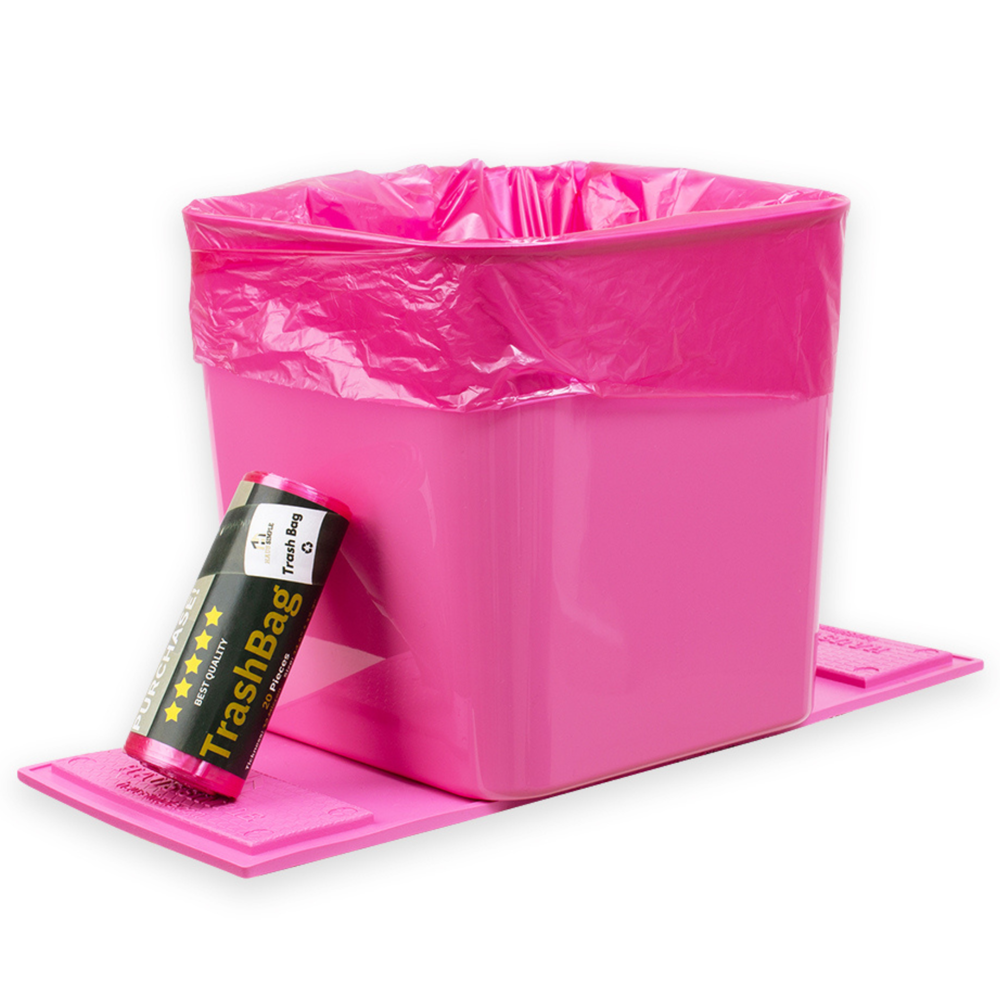 Pink black car trash can with stability flap, shown with a trash bag inside and an included roll of trash bags.