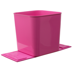A large pink car trash can with stability flap, designed to be placed on a fabric floor mat in a vehicle.