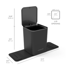 Black trash bin with dimensions and 'NINESTARS' branding on a white background.