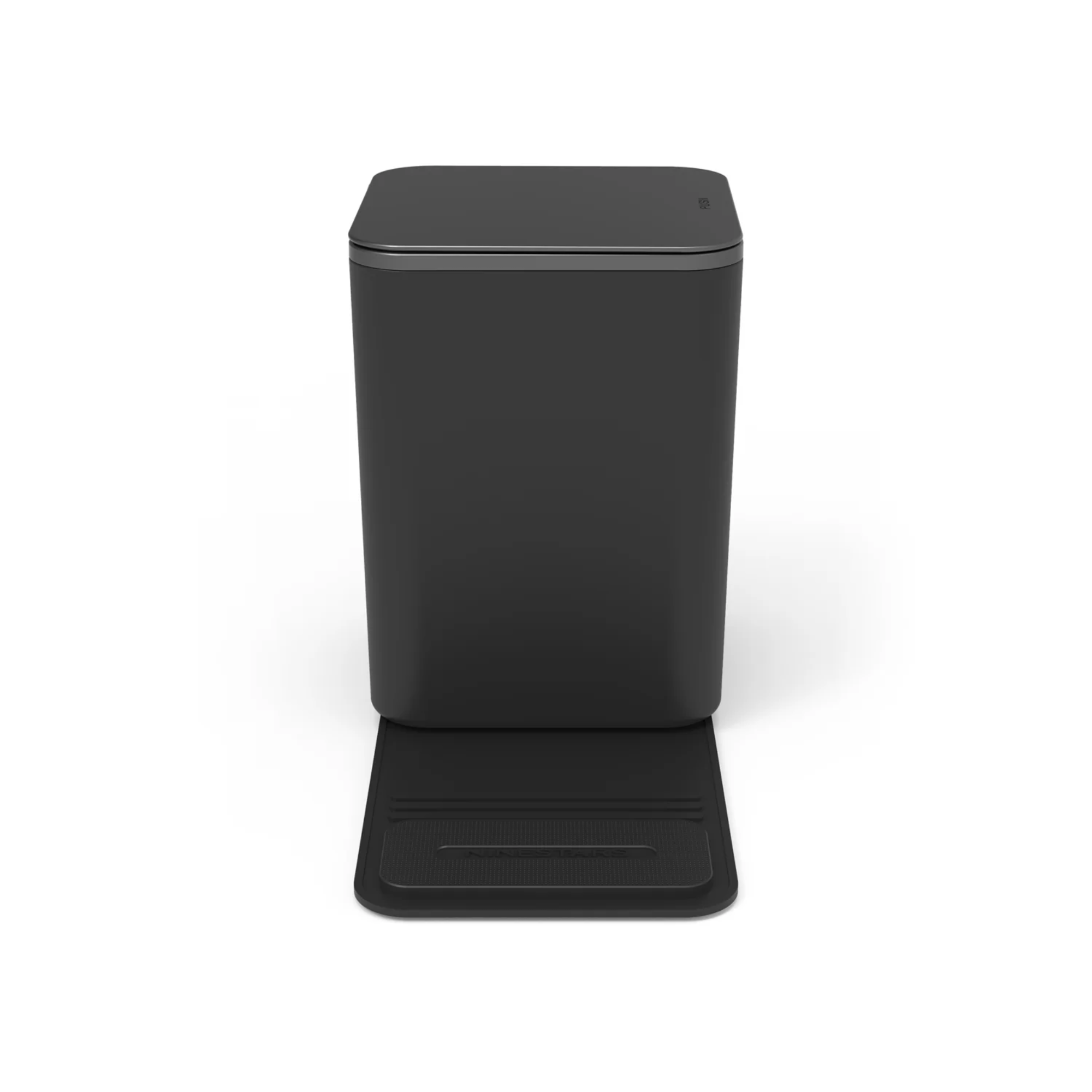 Side view of a black medium sized rectangular car trash can with stability flap and closed lid on a white background
