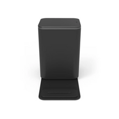 Side view of a black medium sized rectangular car trash can with stability flap and closed lid on a white background