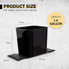 Haussimple car trash can product size chart showing 1.4-gallon capacity with dimensions 7.5 x 7.5 x 13.7 inches — compact and fits most vehicles.