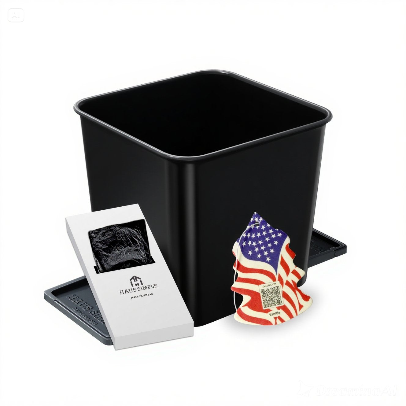A small black car trash can with stability flap and a white card, containing its included trash bags.