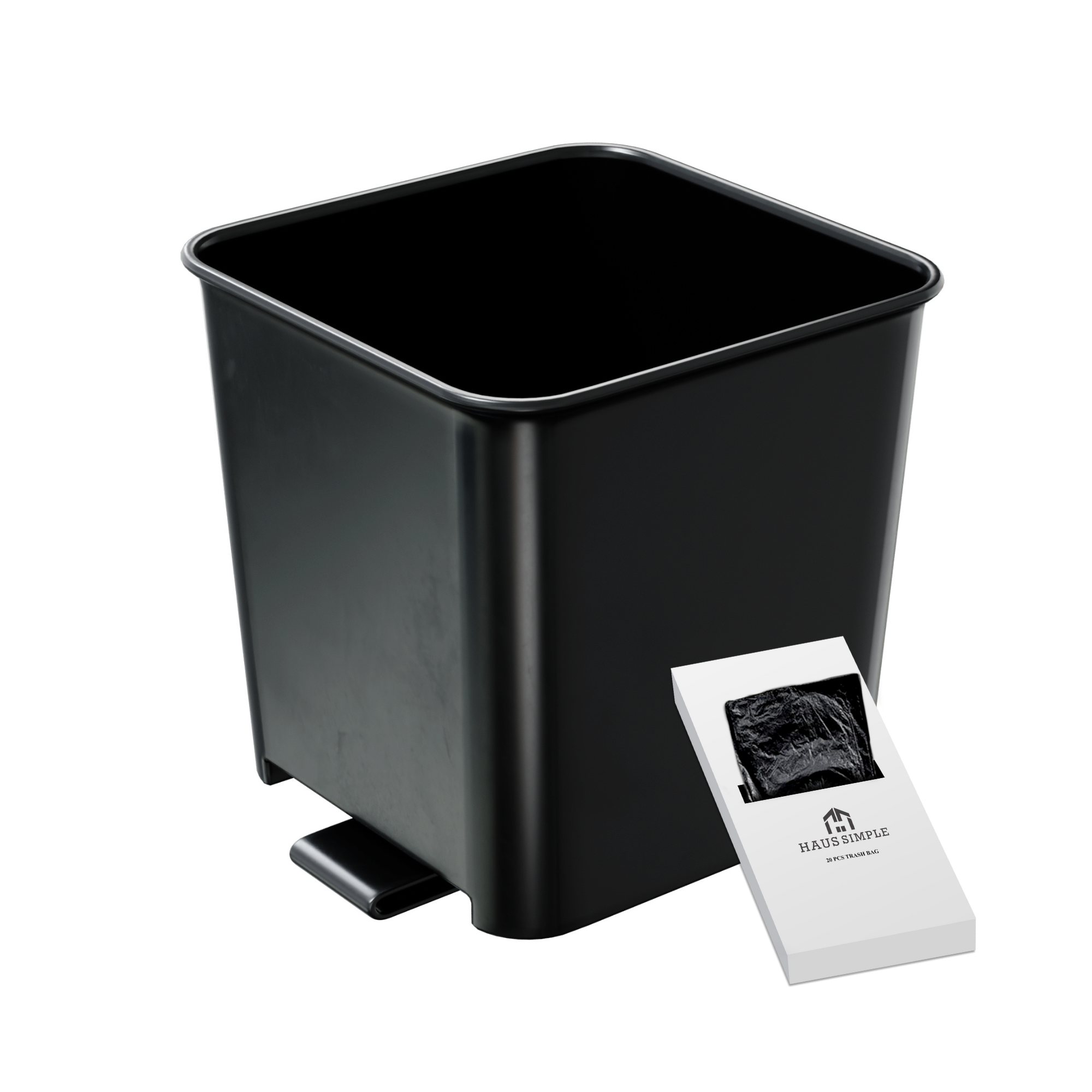 A small black car trash can with stability flap and a white card, containing its included trash bags.