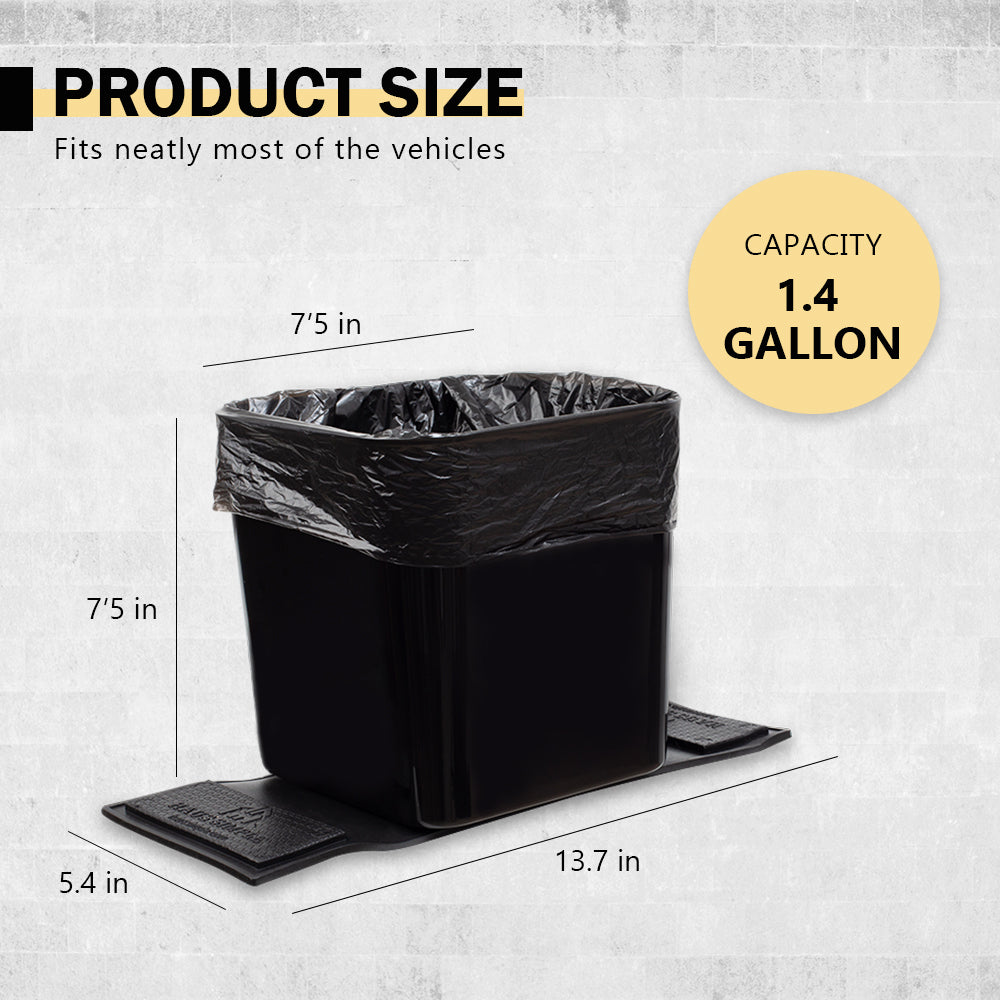 Haussimple car trash can product size chart showing 1.4-gallon capacity with dimensions 7.5 x 7.5 x 13.7 inches — compact and fits most vehicles.