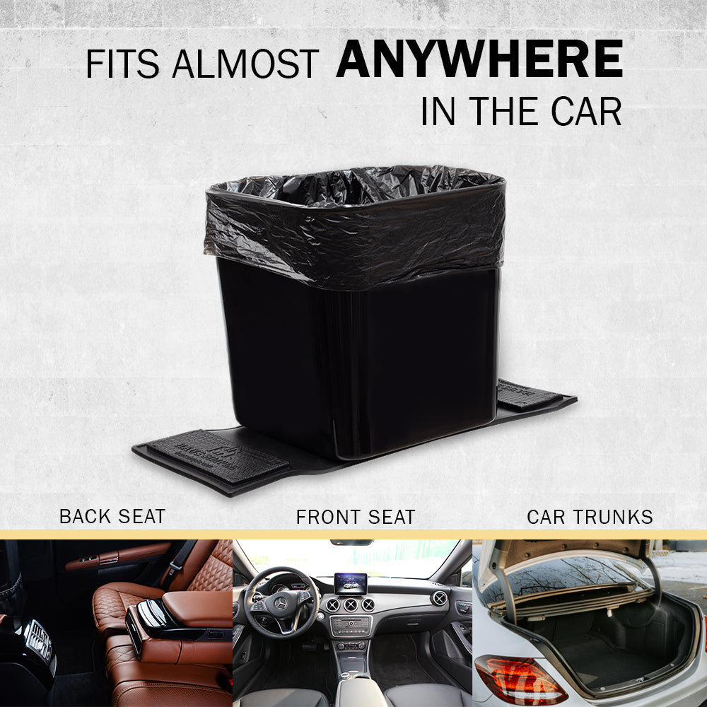 Haussimple portable car trash can with non-slip base fits anywhere in the car, including front seat, back seat, and trunk.