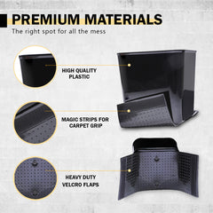 Haussimple black car trash bin made from high quality plastic with magic strips for carpet grip and heavy duty Velcro flaps – premium materials for secure and stable fit in vehicle.