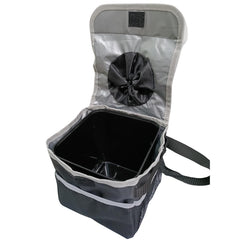Small car trash bin with black leakproof cover, mesh side pockets, and black drawstring on a white background.