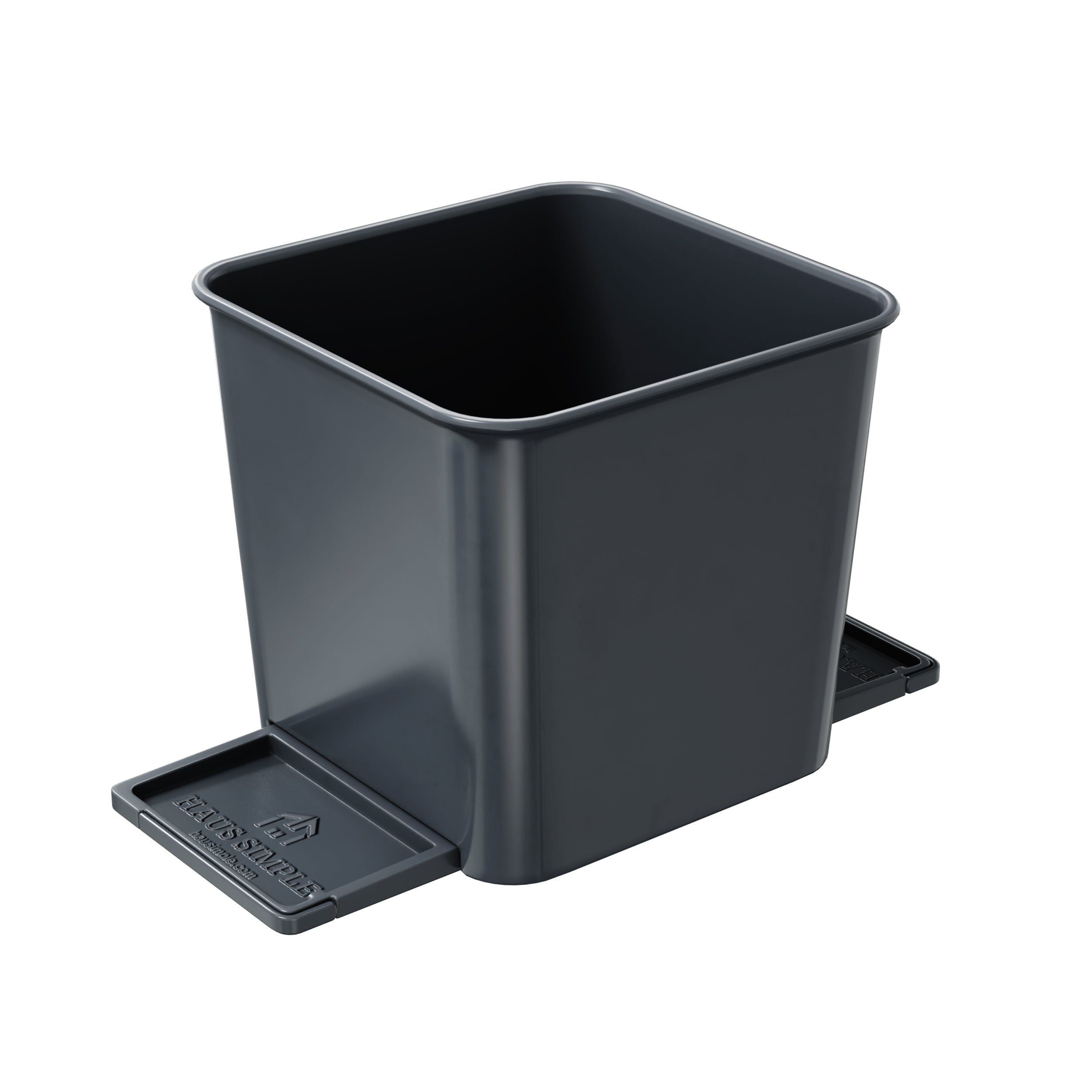 A small gray car trash can with stability flap on a white background.