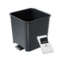 A small gray car trash can with stability flap and a white card, containing its included trash bags.