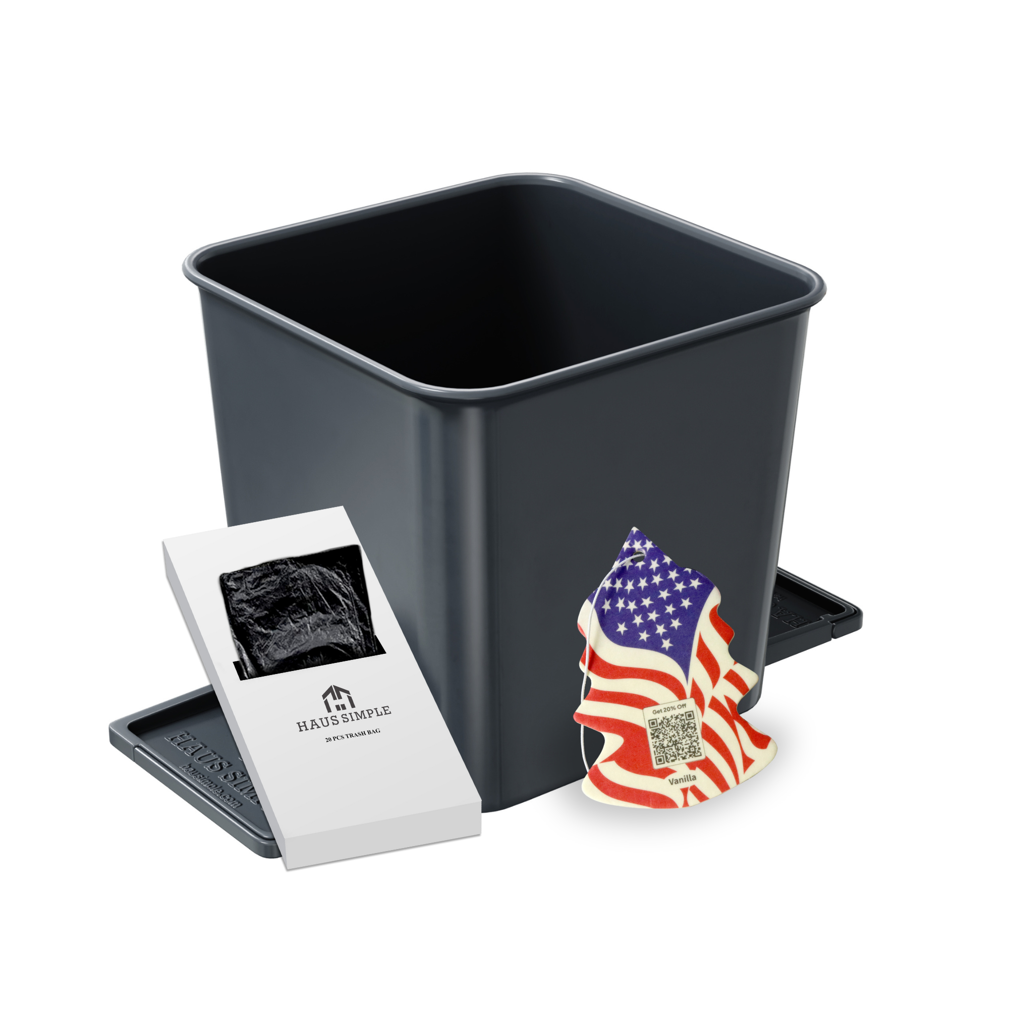 A small gray car trash can with stability flap and a white card, containing its included trash bags.