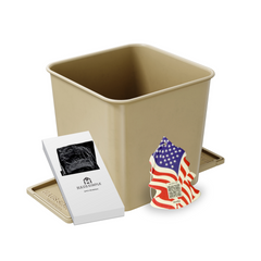 A small mocha colored car trash can with stability flap and a white card, containing its included trash bags.