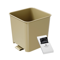 A small mocha colored car trash can with stability flap and a white card, containing its included trash bags.