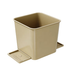 A small white car trash can with stability flap on a white background.