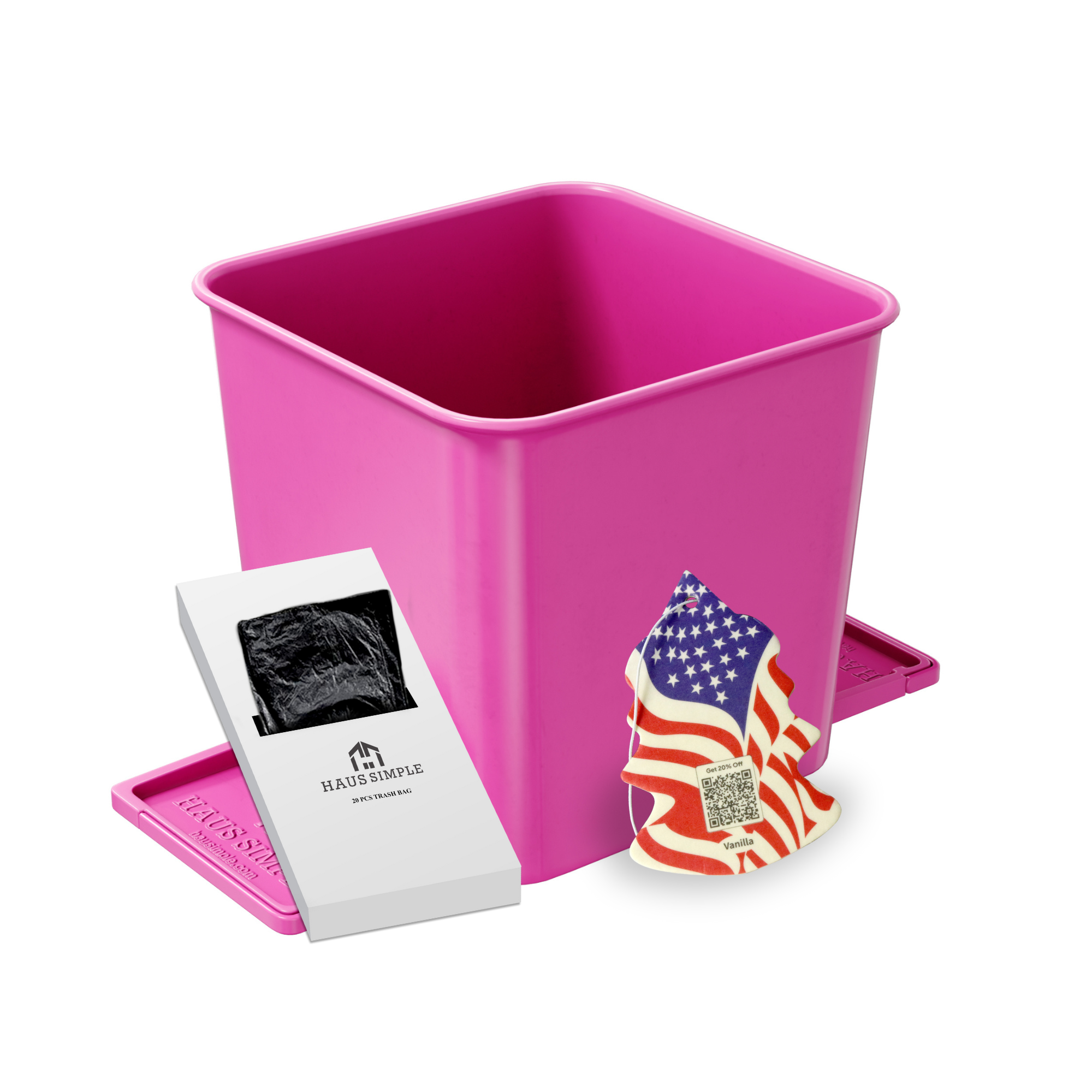 A small pink car trash can with stability flap and a white card, containing exclusive trash bags.