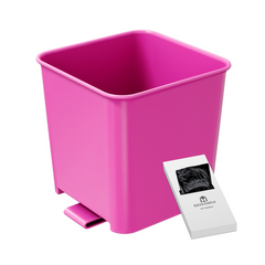 A small pink car trash can with stability flap and a white card, containing its included trash bags.