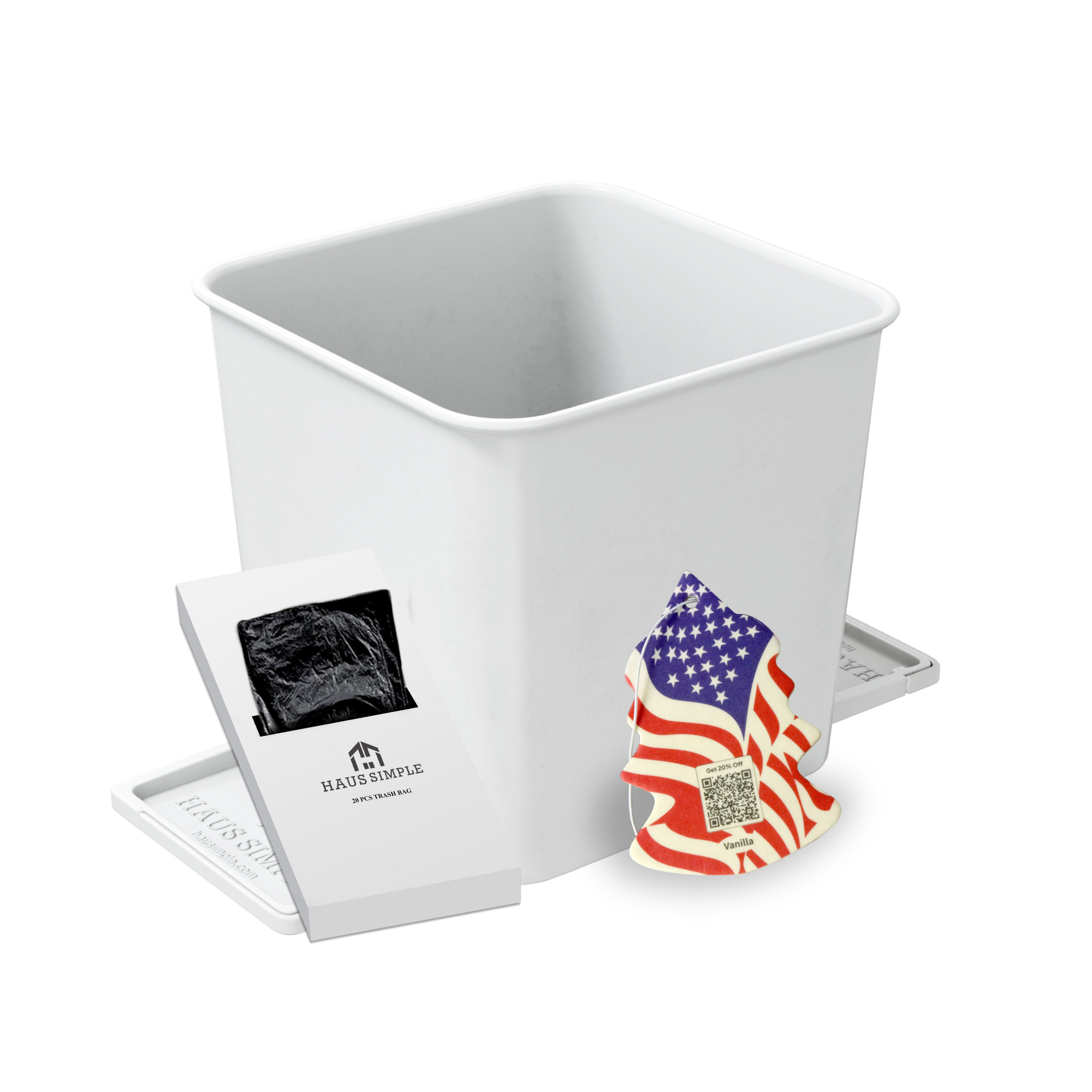 A small white car trash can with stability flap and a white card, containing its included trash bags.