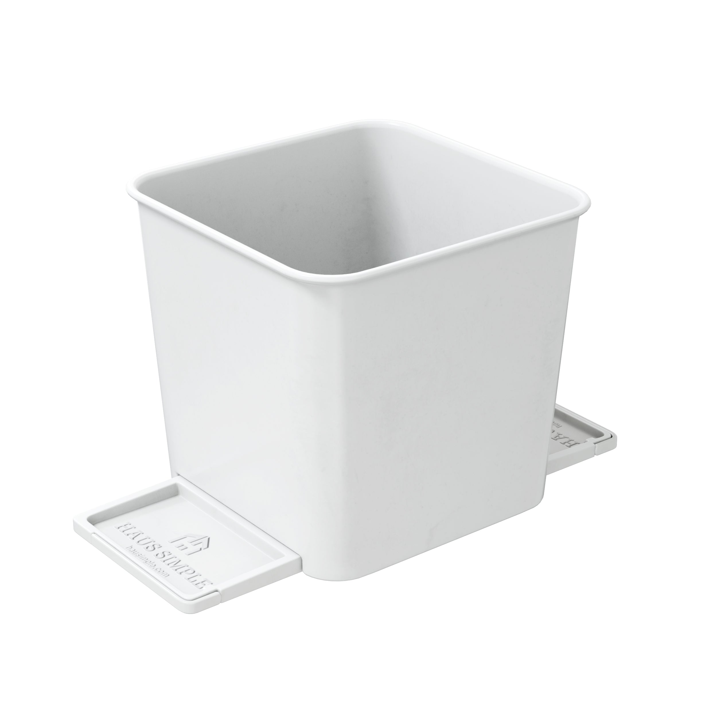 A small white car trash can with stability flap on a white background.