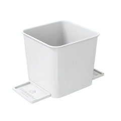 A small white car trash can with stability flap on a white background.