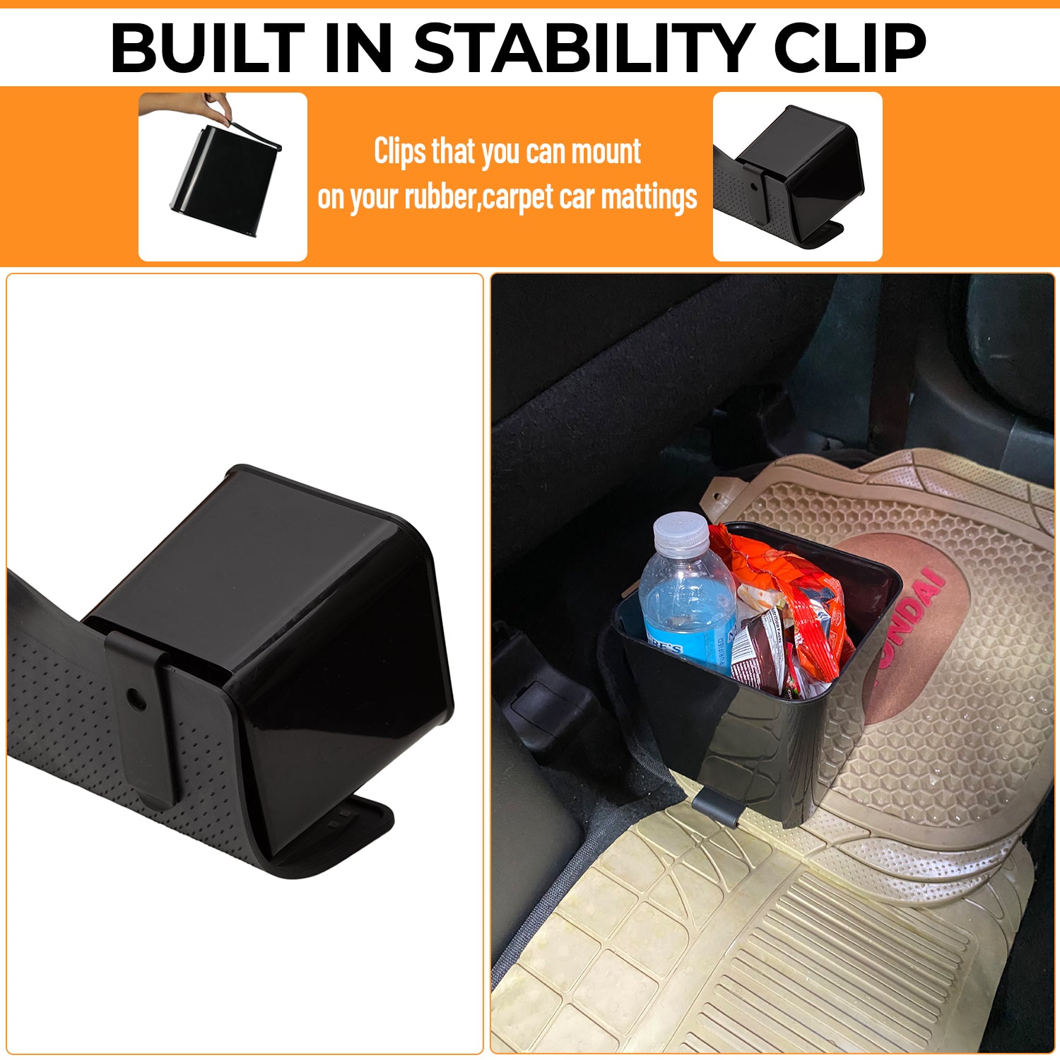 Car Trash Can with Built-In Stability Clip — Easily mounts on carpet or rubber car mats to stay secure during drives. Keeps your vehicle tidy and organized with a firm, non-slip base.