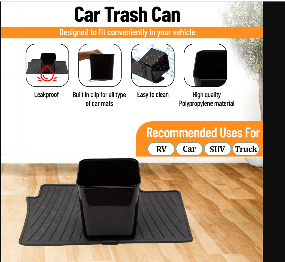 Car Trash Can with leakproof and easy-to-clean vehicle garbage bin with built-in clips for any type of car mat. Made from high-quality polypropylene, designed to fit RVs, cars, SUVs, and trucks.