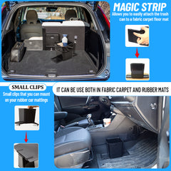 Haussimple large black car trash can with magic strip and small clips for secure attachment on both fabric carpet and rubber mats — stable vehicle garbage bin for cars, SUVs, and trucks.