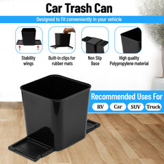 Haussimple black car trash can with stability wings, built-in clips for rubber mats, non-slip base, and durable polypropylene material — ideal for use in RVs, cars, SUVs, and trucks.