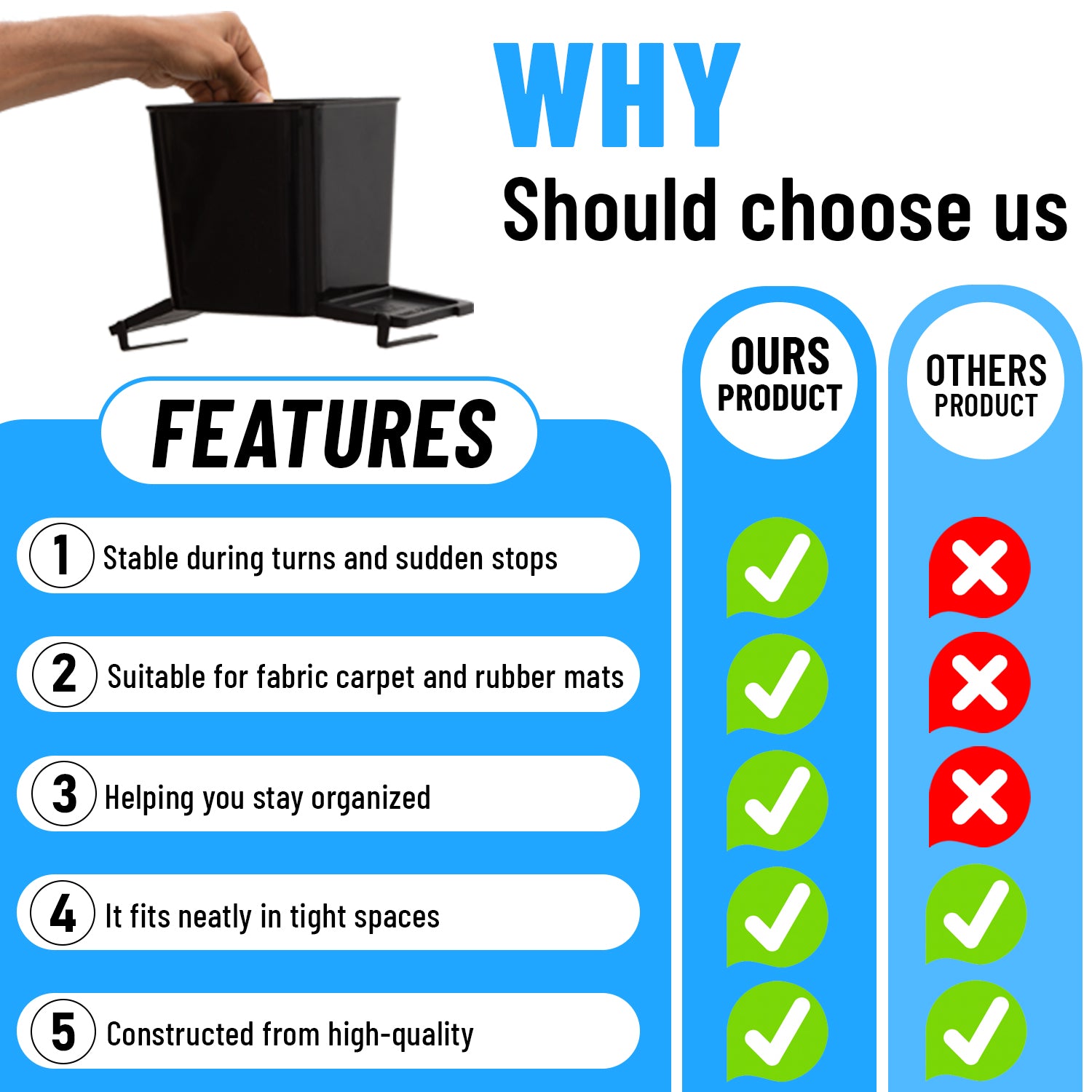 Haussimple car trash can comparison chart showing stability during turns, compatibility with fabric and rubber mats, compact design, and durable quality — highlights advantages over other car trash bins.