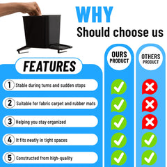 Haussimple car trash can comparison chart showing stability during turns, compatibility with fabric and rubber mats, compact design, and durable quality — highlights advantages over other car trash bins.