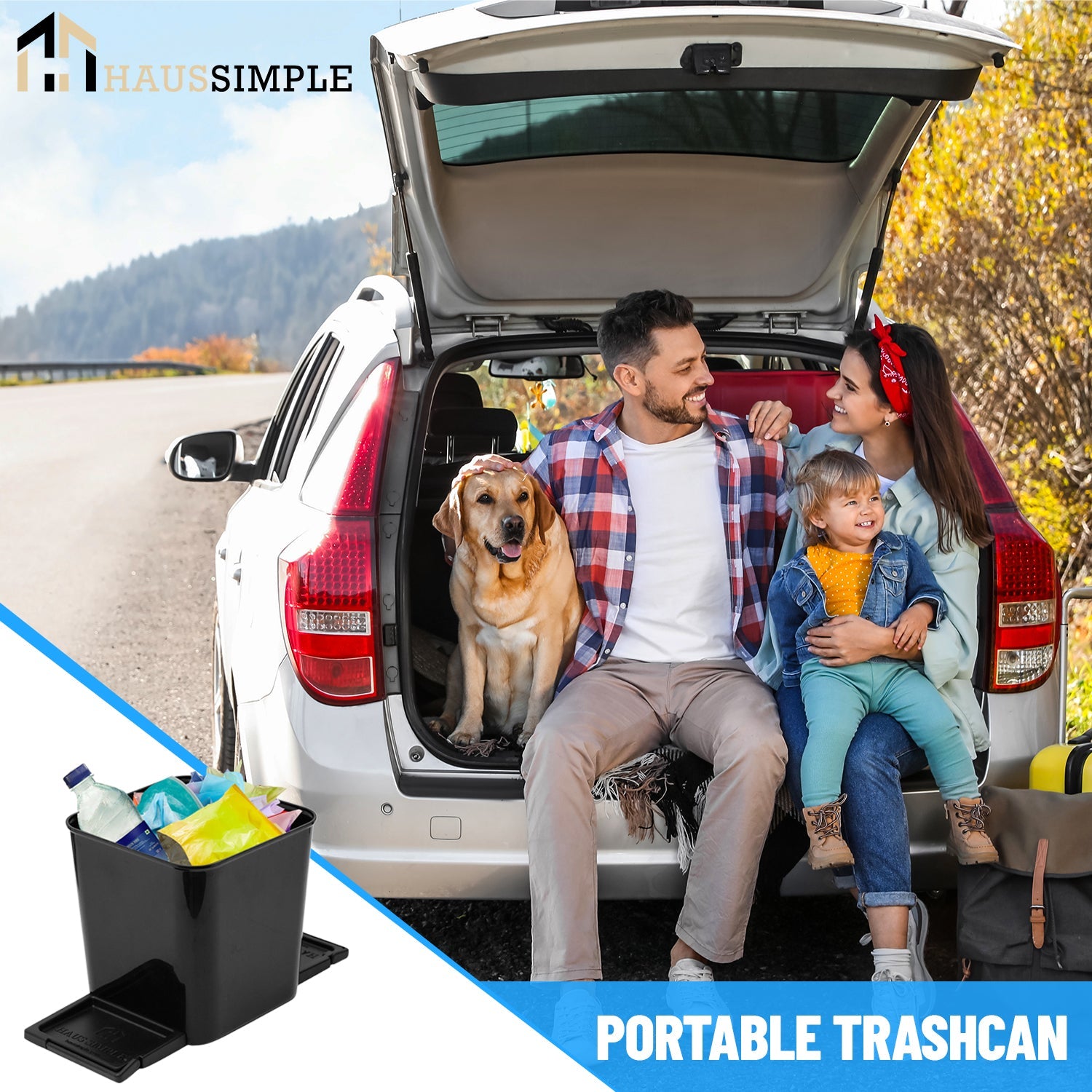 Haussimple Portable Car Trash Can - Black compact vehicle garbage bin for car, SUV, truck, or RV with stability wings and clips.