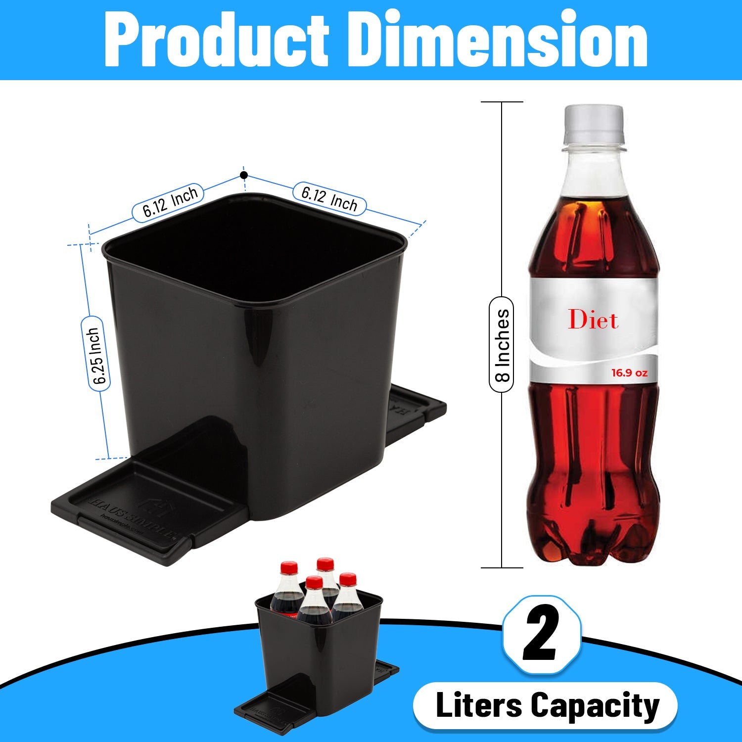 Haussimple large black car trash can with built-in floor mat clip, showing 2-liter capacity and product dimensions of 6.25 x 6.12, compact fit for vehicles.