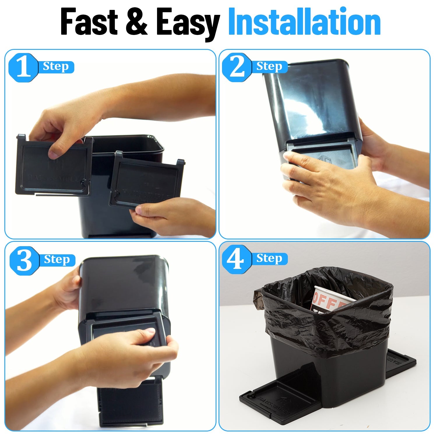 Step-by-step installation guide for the Haussimple large black car trash can, showing easy clip attachment and liner setup for quick use in cars, trucks, and SUVs.
