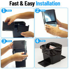 Step-by-step installation guide for the Haussimple large black car trash can, showing easy clip attachment and liner setup for quick use in cars, trucks, and SUVs.