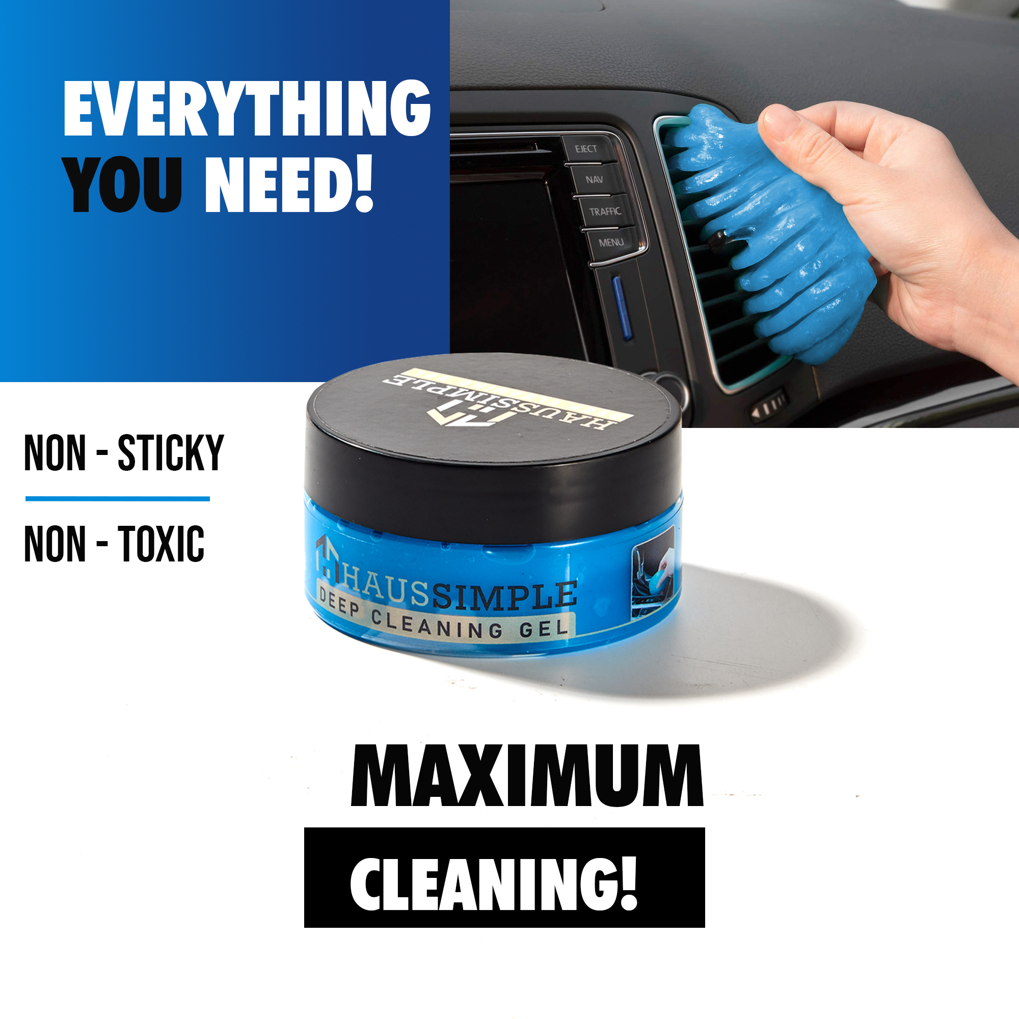 Deep Cleaning Car Gel jar with hand using blue cleaning slime on car air vent, labeled non-sticky and non-toxic for maximum cleaning.