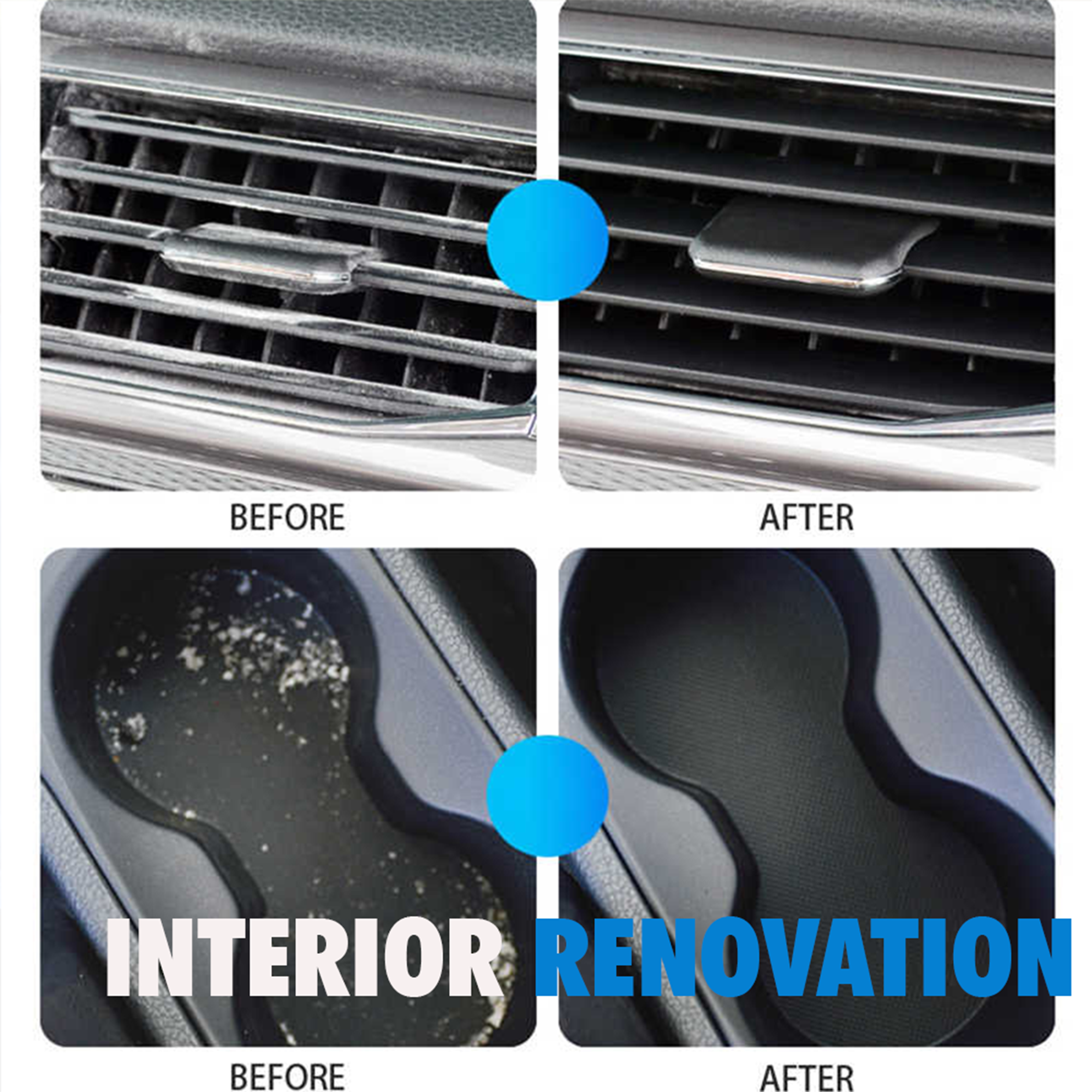 Before and after comparison showing car air vents and cup holders cleaned using Haussimple Deep Cleaning Gel, demonstrating interior renovation results.