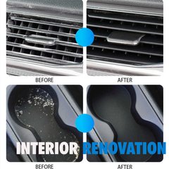 Before and after comparison showing car air vents and cup holders cleaned using Haussimple Deep Cleaning Gel, demonstrating interior renovation results.